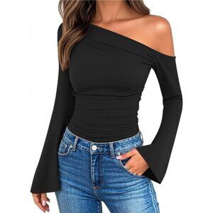 Off-Shoulder Bell Sleeve Top – Slim Fit Long Sleeve Ruched